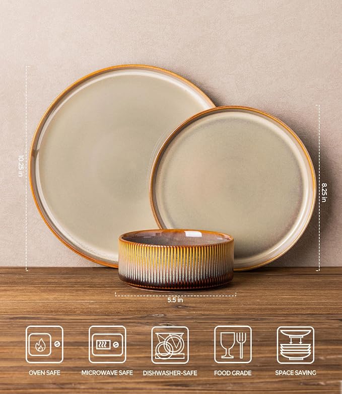 Ceramic Dinnerware Set for 8, 24-Piece Plates and Bowls Set | Lightweight - Image 2