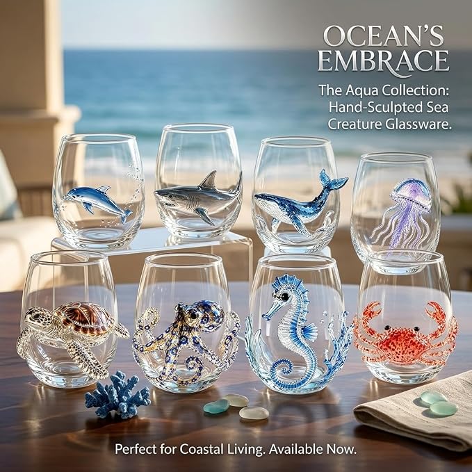 Artisanal Blue Ringed Octopus Glassware, 3D Ocean Glass Wine Glass，Seahorse | - Image 3