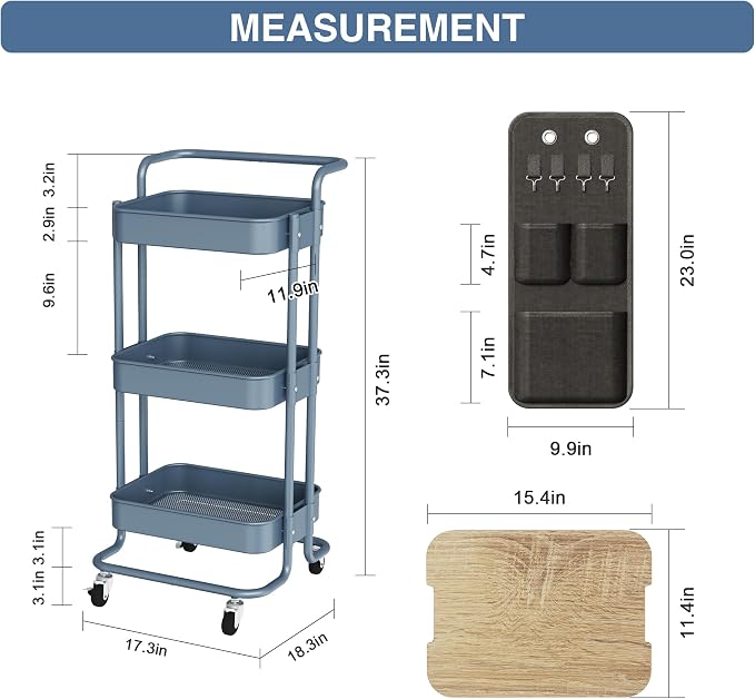 DTK 3-Tier Rolling Cart with Table Top, Metal Utility Cart with Side Bags | - Image 6