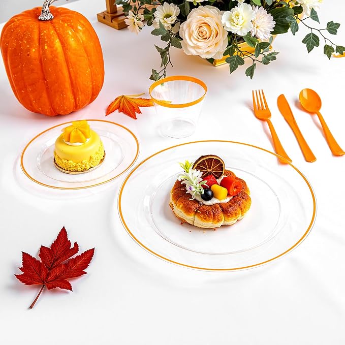SUT 350Pcs Orange and Clear Plastic Dinnerware Set - Image 3