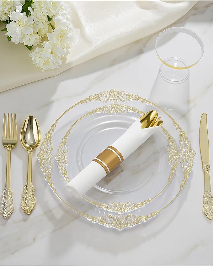 350 Piece Clear Gold Plastic Dinnerware Set - Image 3