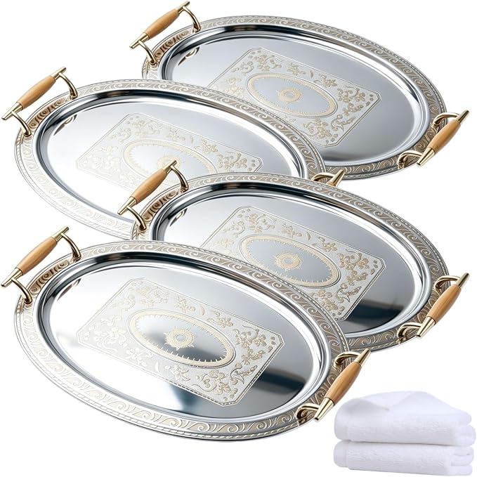 4 Pack Oval Silver Tray with Handles, Stainless Steel Serving Tray, Metal by Unknown