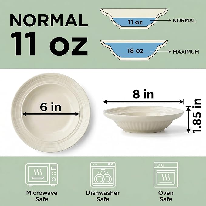 Wide Rim Soup Bowls Set of 4, 11 oz, 8 Inch Cream Beige | Shallow wide rim bowls - Image 2