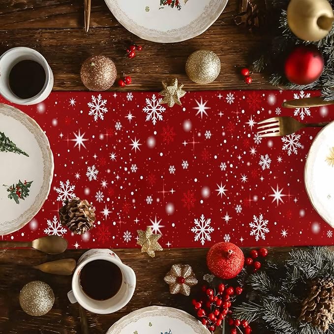 Red Christmas Table Runner 120 Inches Long, Xmas Tree Balls Snowflake Table - Image 4
