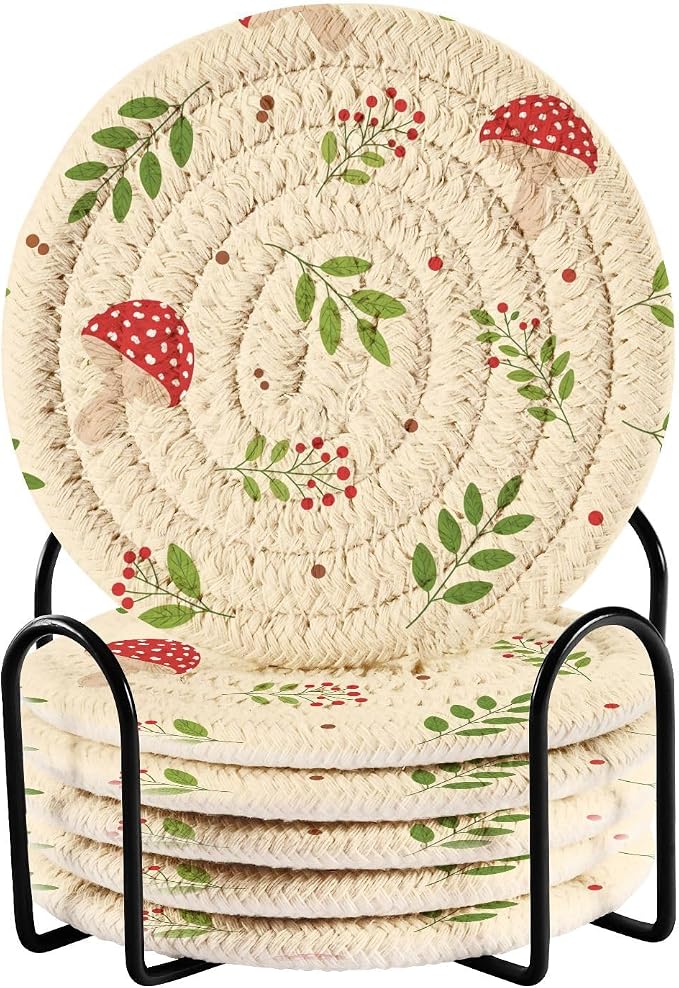 Mushroom Berries Print Coasters by Unknown
