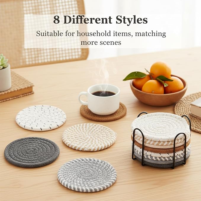 Drink Coasters Set of 8 with Holder, Cotton Woven | Absorbent cotton woven - Image 2