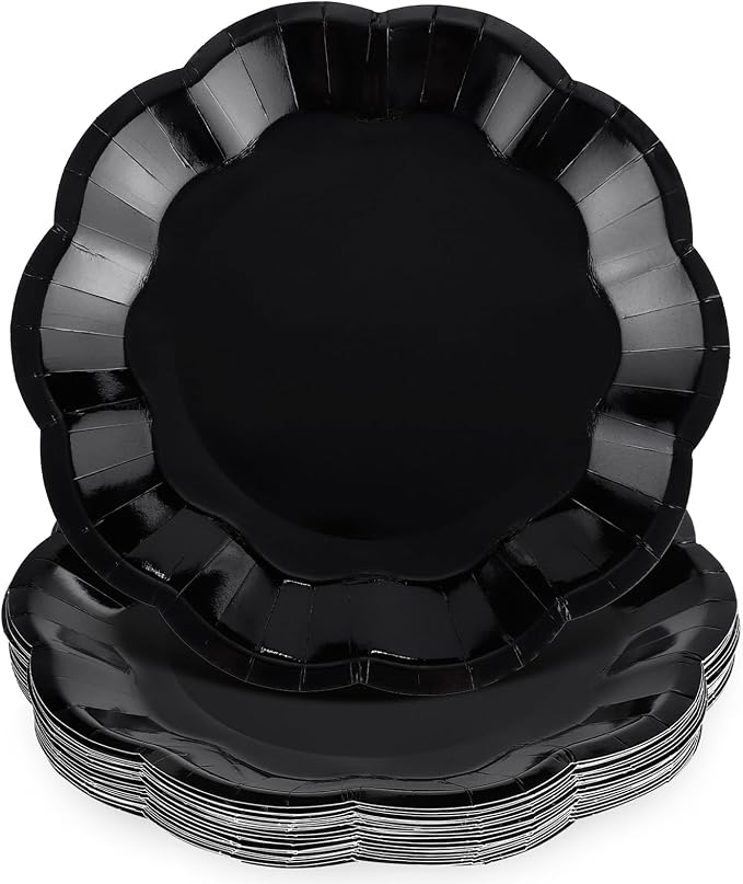 NatNarr 30 Pcs Black Paper Plates, 9 Inch Scalloped Black Plates Dinner Plate by NatNarr