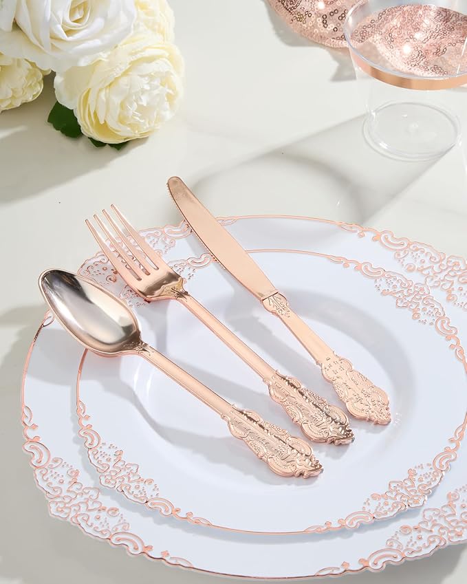 350 Piece Rose Gold Plastic Dinnerware Set - Image 6