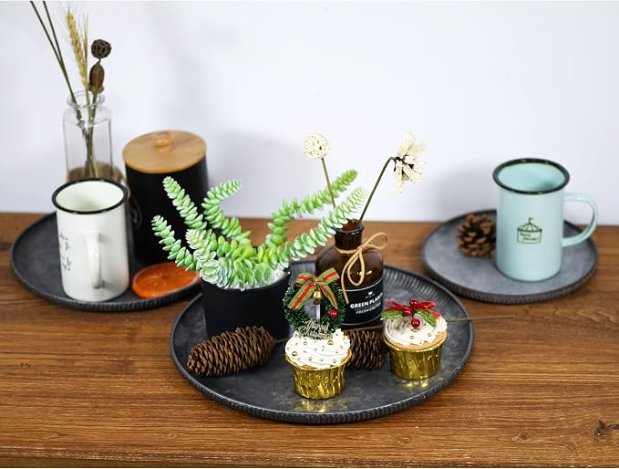Funerom Round Galvanized Metal Tray Decorative Tray Corrugated Edges - Image 3
