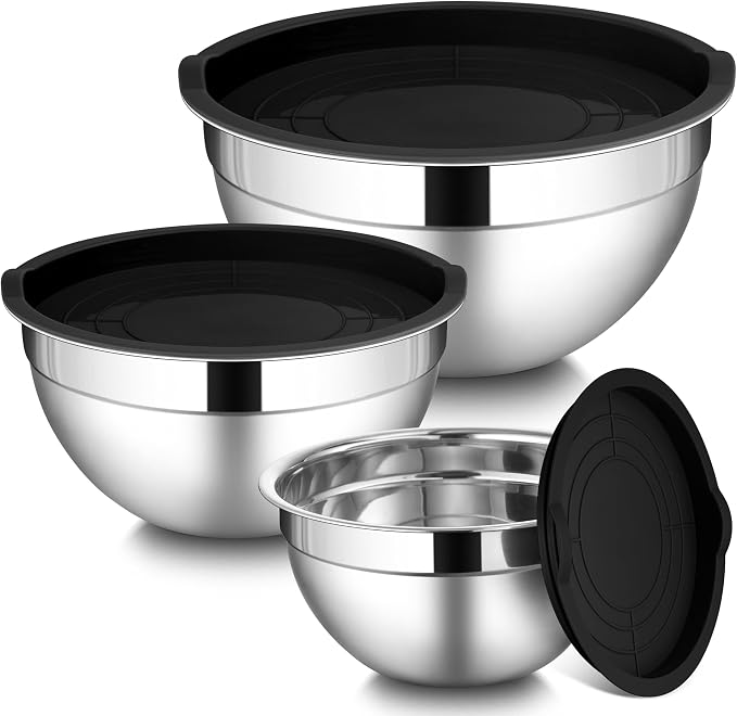 LIANYU Mixing Bowls with Lids Set of 3, Stainless Steel Nesting Metal Bowls | by LIANYU
