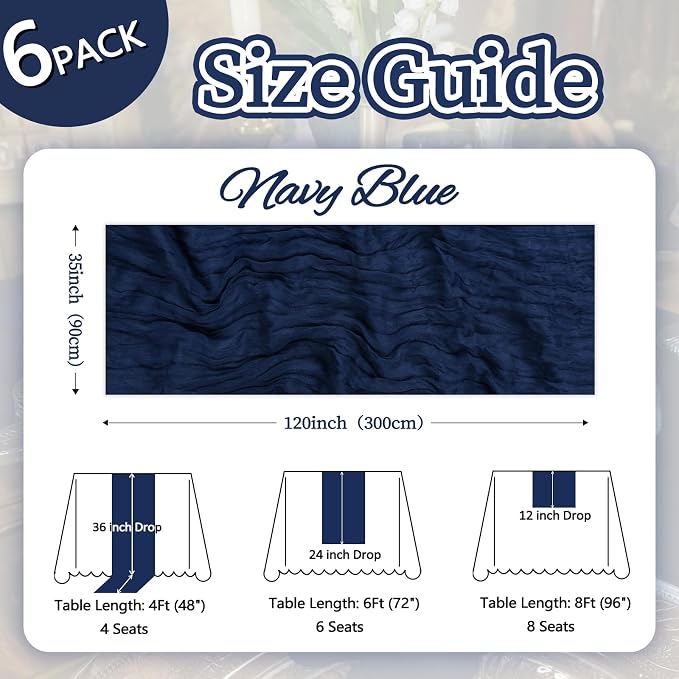 6 Pack Navy Blue Cheesecloth Table Runner 35 x 120 Inch | Boho Gauze Cheese - Image 2