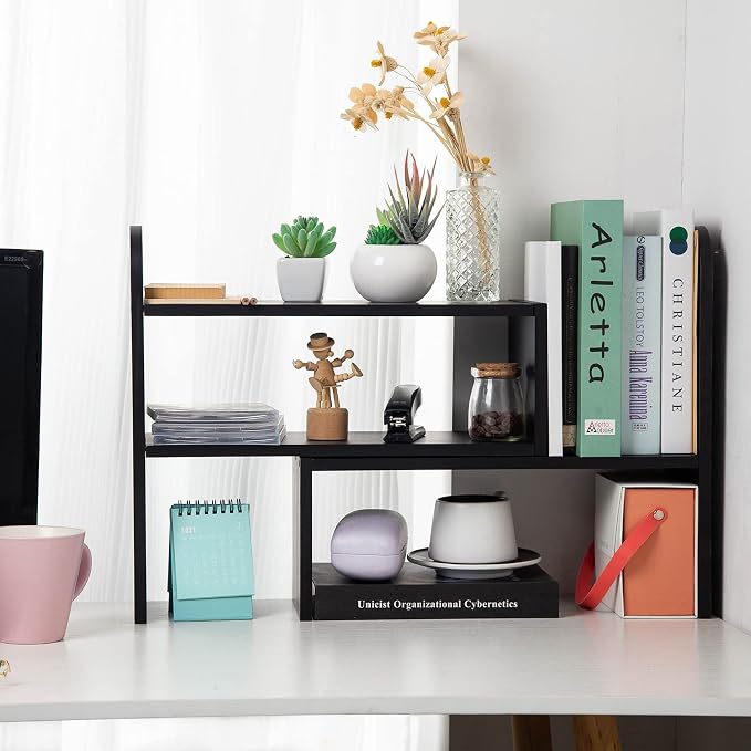 Desktop Adjustable Natural Wood Book Shelf Organizer Office Storage Rack - Image 4