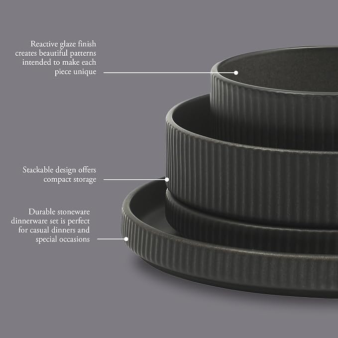 Gibson Elite Deerfield 16-Piece Stoneware Dinnerware Set – Matte Black Reactive - Image 3