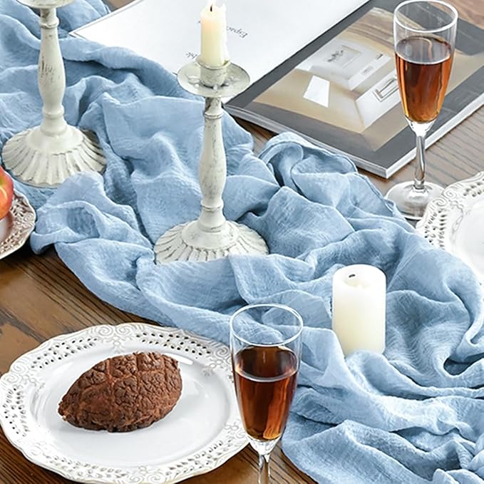 Artoid Mode Boho Cheesecloth Gauze Ice Blue Wedding Table Runner, 120 Inch - Image 6