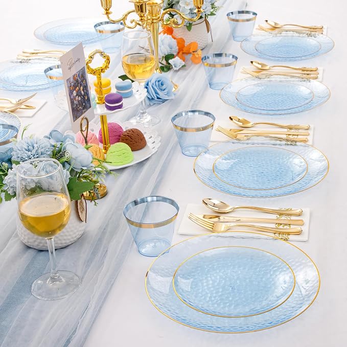 Rubtlamp 175 Pcs Plastic Dinnerware Set, Hammered Party Plates Set Include - Image 7