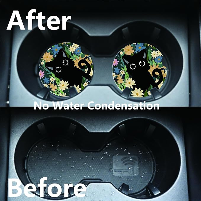 2pcs Cute Black Cat Car Coasters, Absorbent Universal neoprener Cup Holder - Image 5