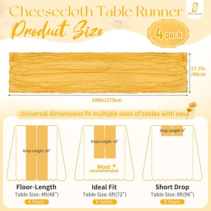 Showgeous 4 Pack Gold Cheesecloth Table Runner, 17 x 108 Inches | Boho - Image 2