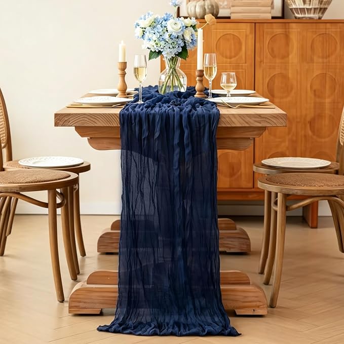 Navy Blue Table Runner, 10FT Rustic Gauze Blue Table Runner 35*120inch Boho - Image 4