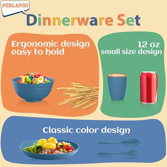 Wheat Straw Dinnerware Sets for 4, Reusable Plastic Dinner Plates, Unbreakable - Image 6