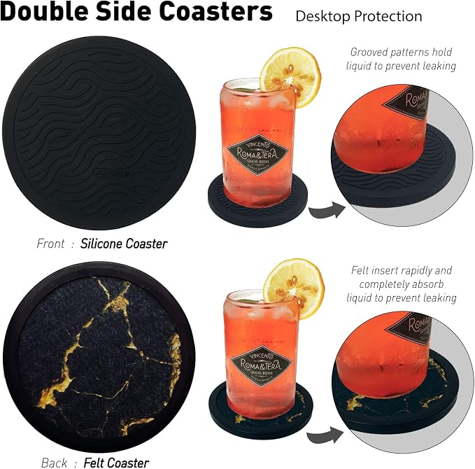 Set of 4 Black Silicone Coasters, Double-Sided Absorbent Felt & Non-Slip Cup - Image 5