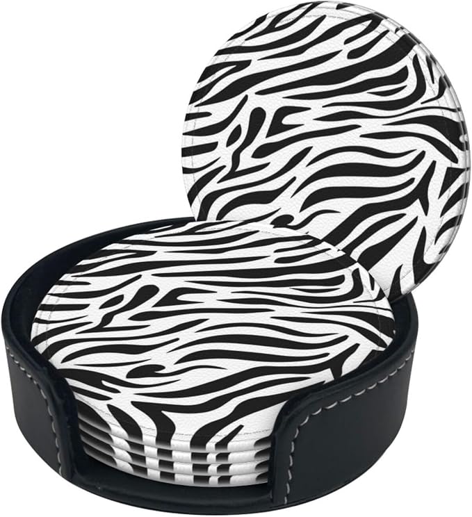 Drink Coasters with Holder Stand Set of 6, Zebra Stripes Print Pu Leather - Image 8