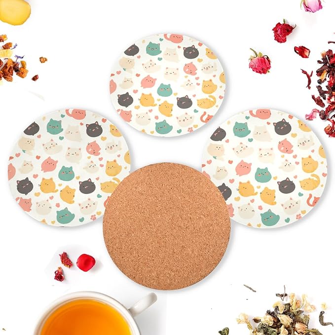 Art Illustration Cats Set of 4 Round Drink Coaster Thick Heat Resistant Mats - Image 6