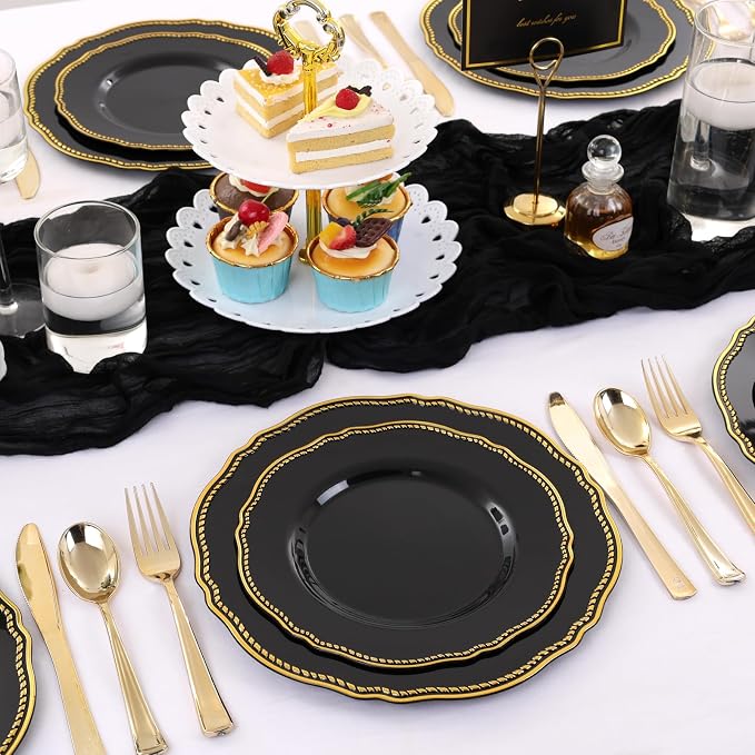 60 Pcs Black Gold Dinner Plates - Image 4