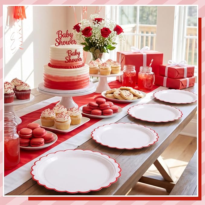 NatNarr 30 Pcs Red Paper Plates 9" Scalloped Red White Party Plates | Cute - Image 7
