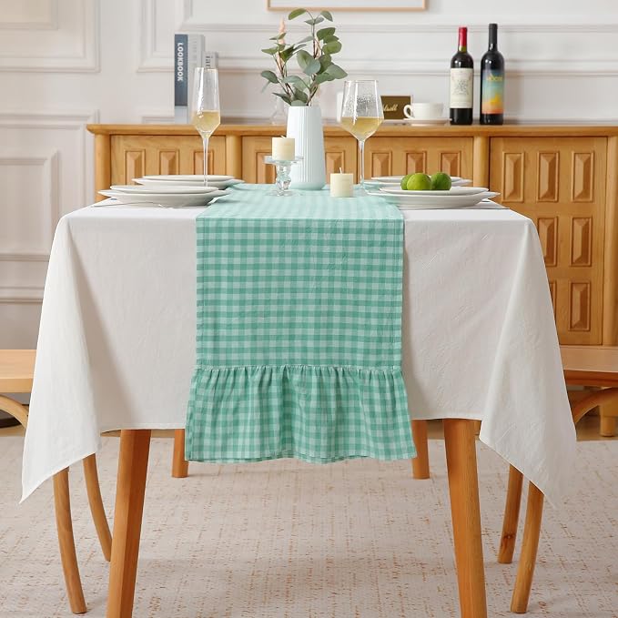 Spa Blue White Plaid Gingham Ruffle Table Runner 72 inches Long Christmas 100% by KMASANIJI