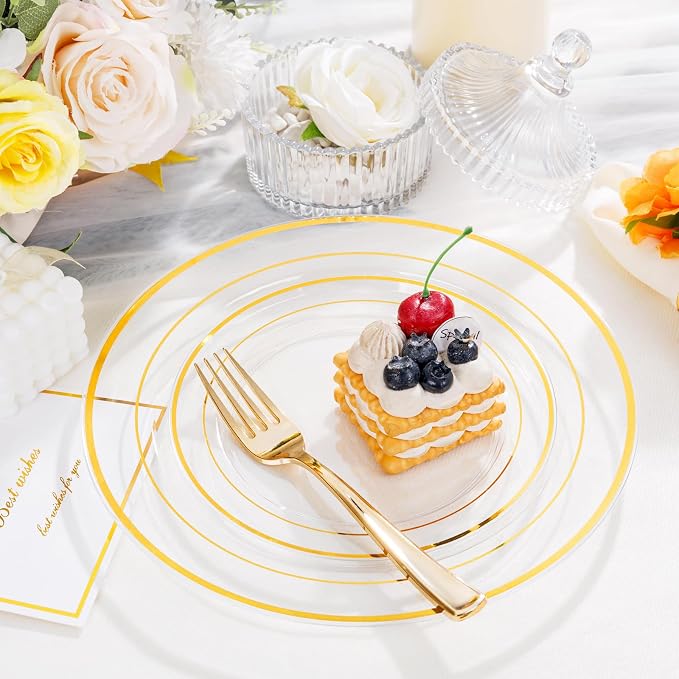 102 Pcs Clear Gold Plastic Plates, Premium Disposable Party Plates | Clear and - Image 3