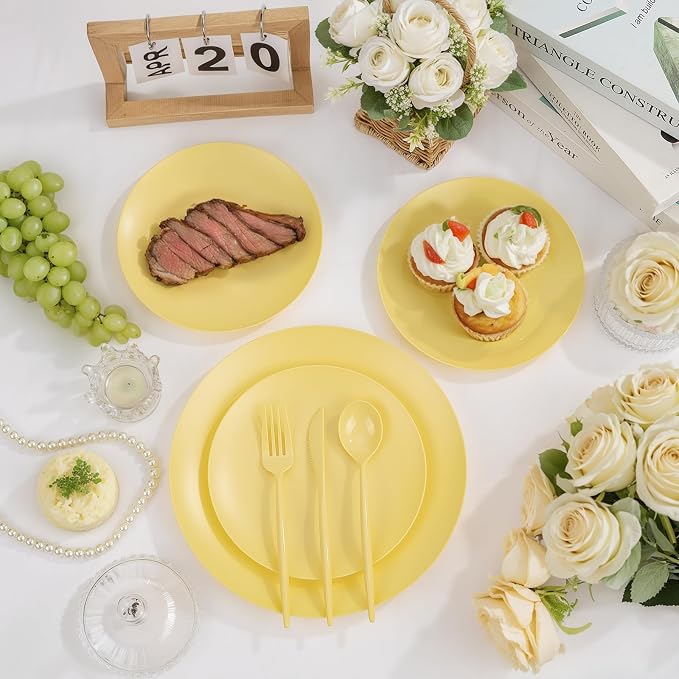 EI 150pcs Yellow Plastic Plates, Heavy Duty Bright Disposable Plate, Fancy - Image 2