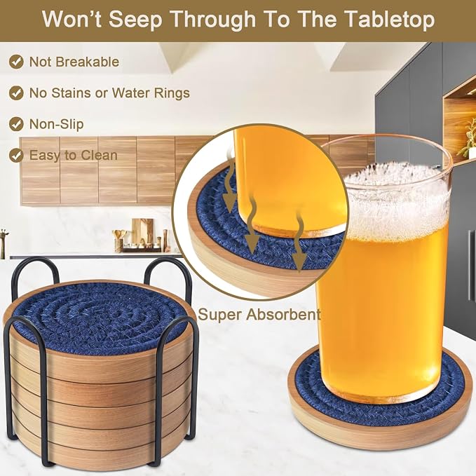 Eykao 6 Pack Coasters for Drinks Absorbent, Wooden Coasters for Coffee Tables - Image 2