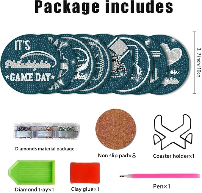 Bartogro 8 Pcs Diamond Painting Coaster Kits, DIY Football Diamond Art Coasters - Image 2