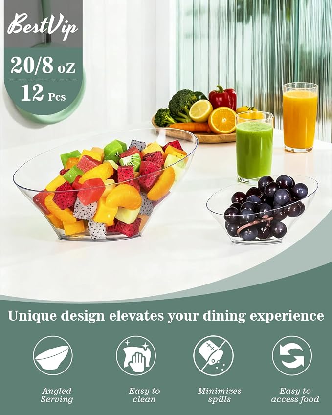 BESTVIP 20 Oz Clear Plastic Angled Serving Bowls, 12 Pack | Disposable Bowls - Image 6