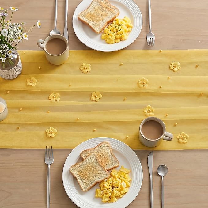 Artoid Mode Yellow Flower Pearl Yellow Gauze Table Runner 10FT, Seasonal Sheer - Image 5