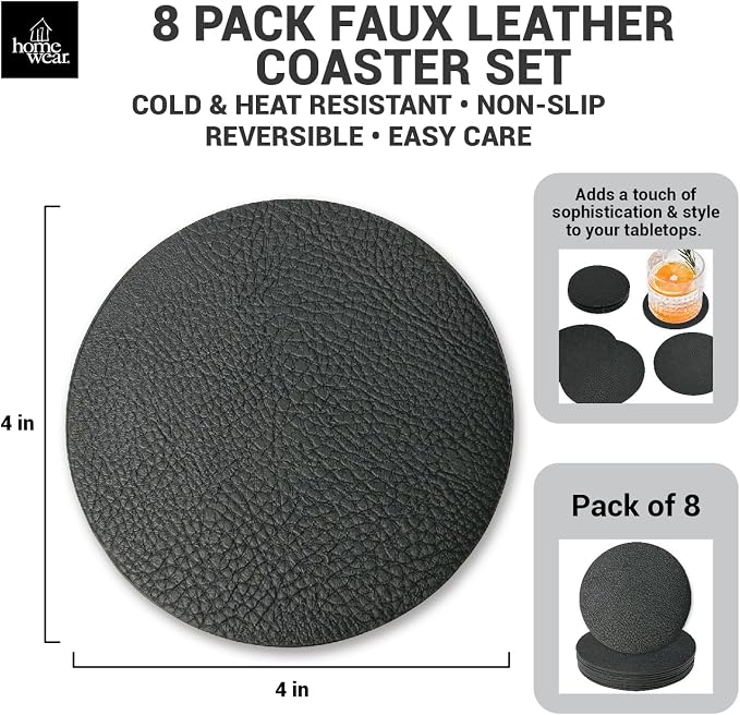 Set of 8 Morgan Faux Leather 4 Inch Round Coasters, Heat & Water Absorbent - Image 2