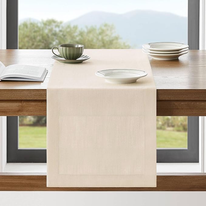 Linen Textured Border Table Runner, 14 x 72 Inch Cream | Mitered Corner Design by ZEEMARTONLINE
