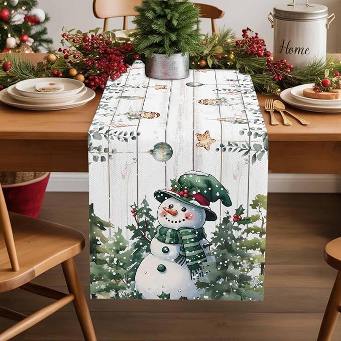 Christmas Snowman Table Runner 72 Inches Long, Xmas Trees Eucalyptus Leaves - Image 2