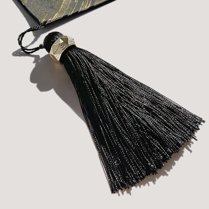 Luxury Modern Black Table Runner, Abstract Geometric, Fancy Tassels | Table - Image 3