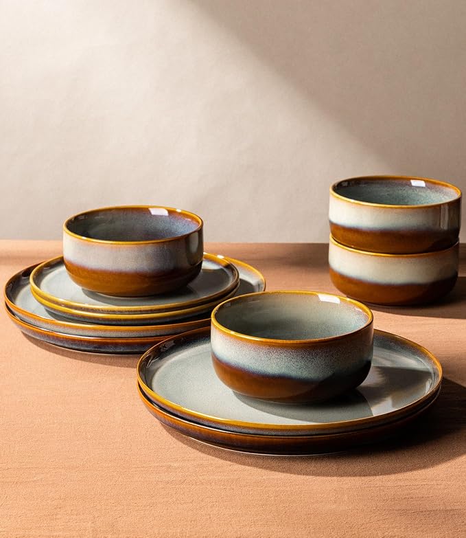 Ceramic Dinnerware Set for 4, 12-Piece Plates and Bowls Set | Handmade Reactive - Image 4
