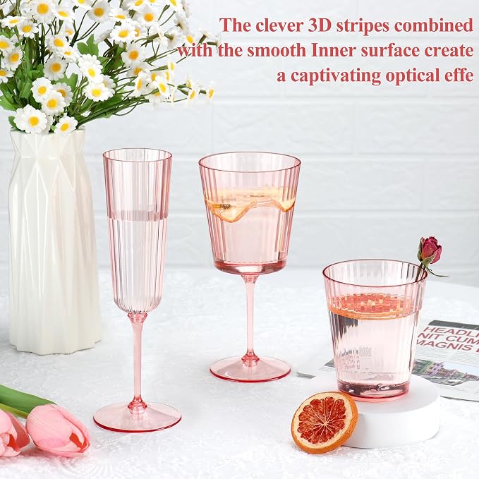 12 PCS Plastic Ribbed Drinking Glasses Pink 10oz Vintage Ripple Stemless Wine - Image 6