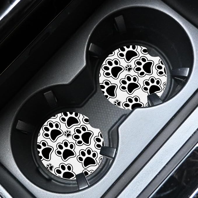 2pcs Black Dog Paw Print Car Coasters, Absorbent Universal neoprener Cup Holder - Image 3