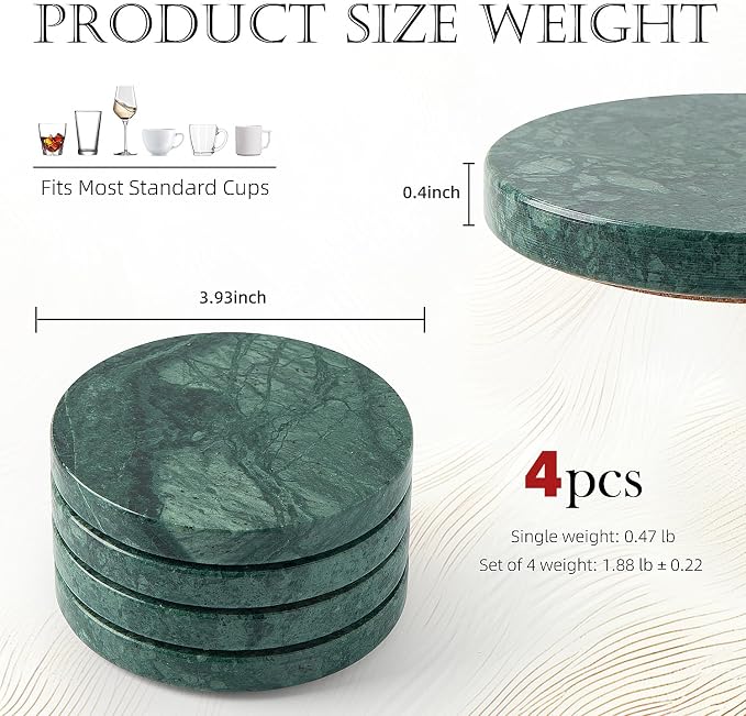 Natural Marble Coaster Set of 4.Round Drinks Coasters, Non-Ceramic/Non-Resin | - Image 2