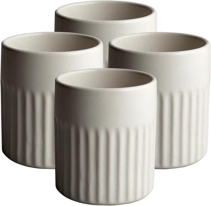 Goodies White Ribbed Water Cups, Handmade Ceramic, Dishwasher Safe, Microwave by Goodies