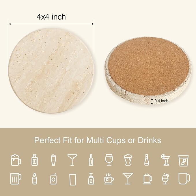Natural Travertine Marble Coasters Set of 6-4" Round | Stone Drink Coasters - Image 3
