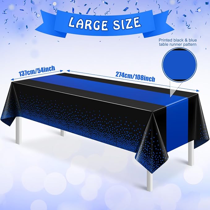 MASHAN 12Pcs Black and Blue Tablecloth Party Decorations, Plastic Black Table - Image 3