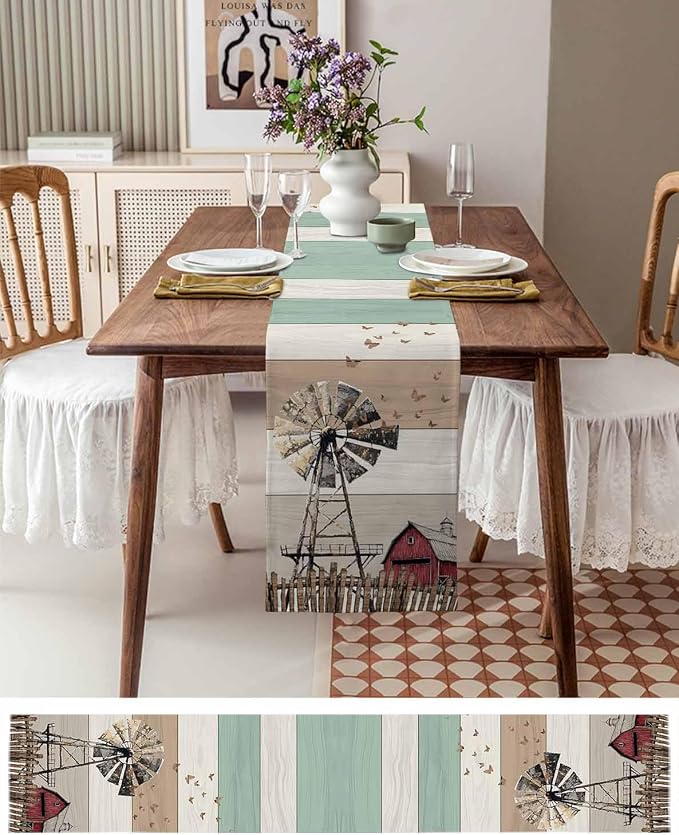 Farmhouse Windmill Table Runners 90 Inches Long, Cotton Linen Fabric Table - Image 6