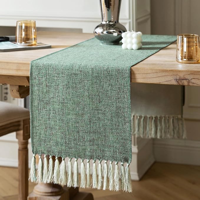 Green Table Runners 60 Inches Long, Burlap Linen Style Rustic Farmhouse Table by ZEEMARTONLINE