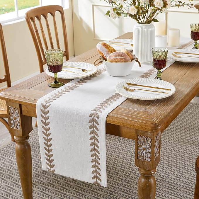 Wracra Embroidered Table Runner, Taupe Table Runners 72 Inches Long | Irregular - Image 2