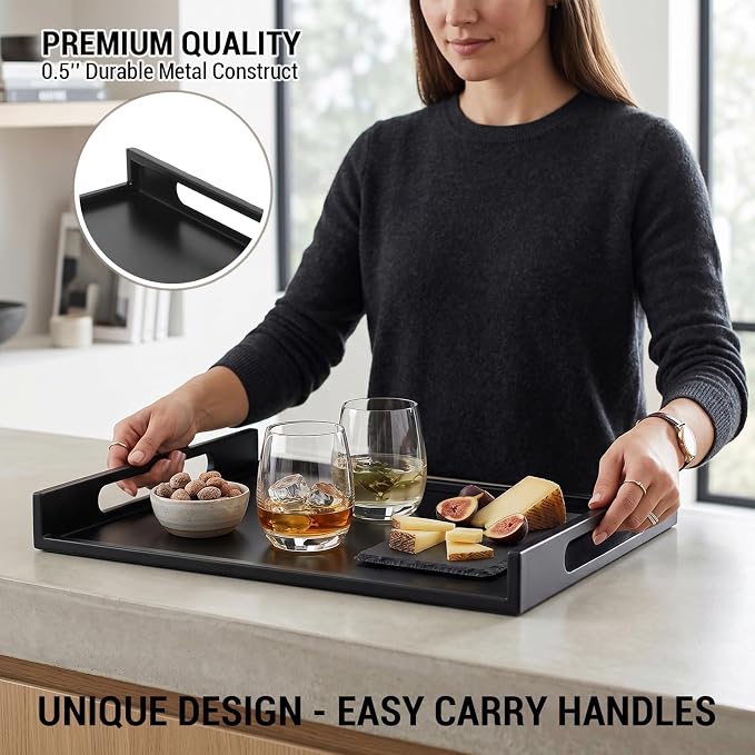 MyGift 16 Inch Matte Black Metal Large Serving Tray - Image 5